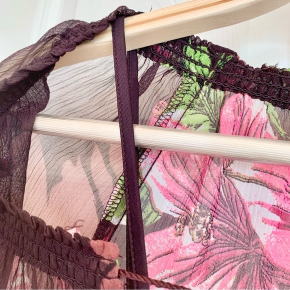 EXPRESS Brown Hibiscus Flower Floral Print Babydoll Chiffon Dress - Picture 7 of 11